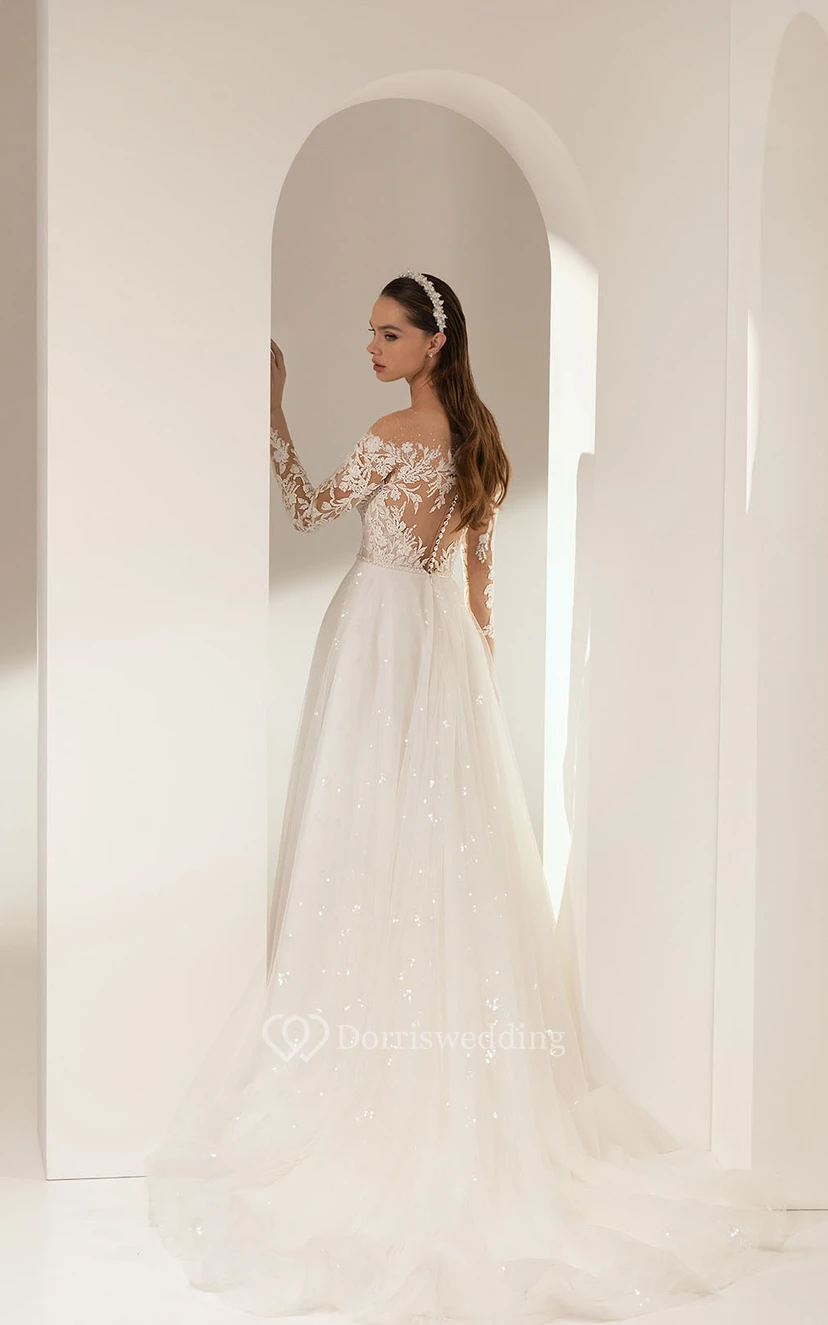 Faritytale Off-the-shoulder A-line Ball Gown Tulle Beaded Long Sleeve Wedding Dress with Applique Top view 2
