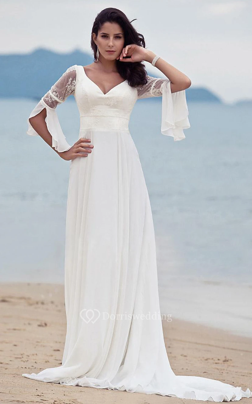 Schlichtes Brautkleid aus Chiffon mit V-Ausschnitt, A-Linie und bodenlangen, halben Ärmeln view 3