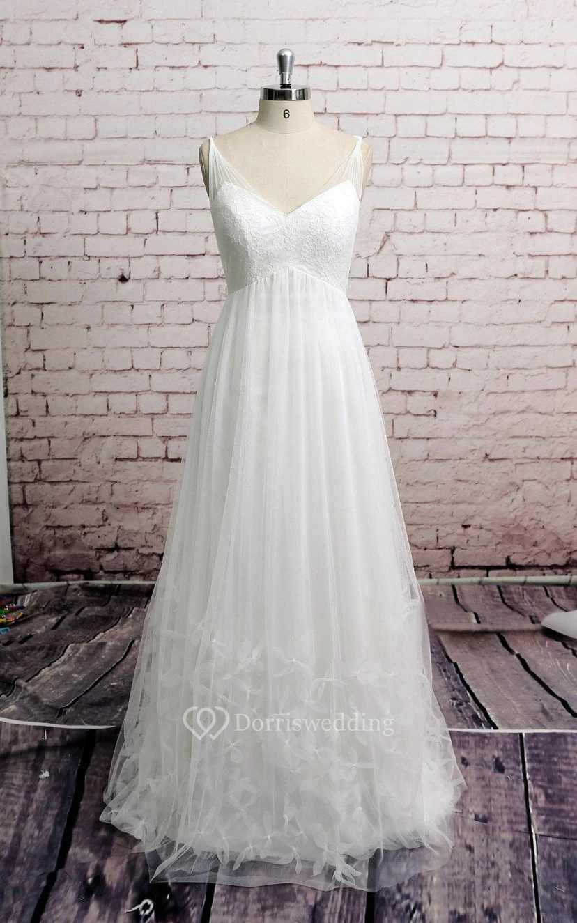 Sleeveless V-Neck A-Line Tulle Dress With Lace Bodice and Skirt Ruffles view 2