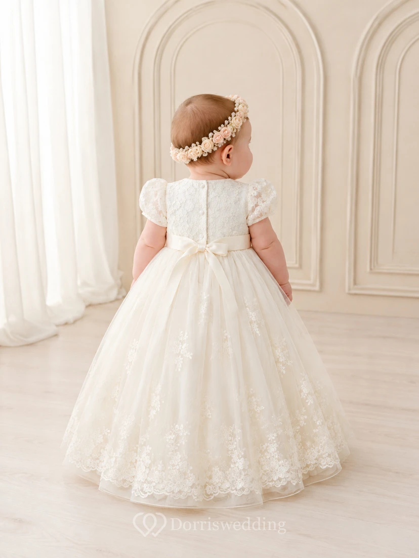 Baby Baptism Christening Ceremony Dress A-Line Knee-Length Jewel Neck Cap Sleeve Tulle Lace Floral Detail Floral Applique Button Back view 2
