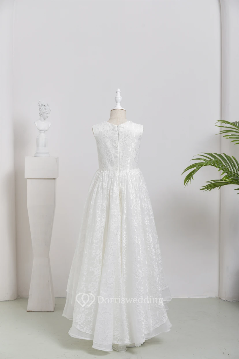 First Communion White Lace Long Layered Flowergirl Dress view 2