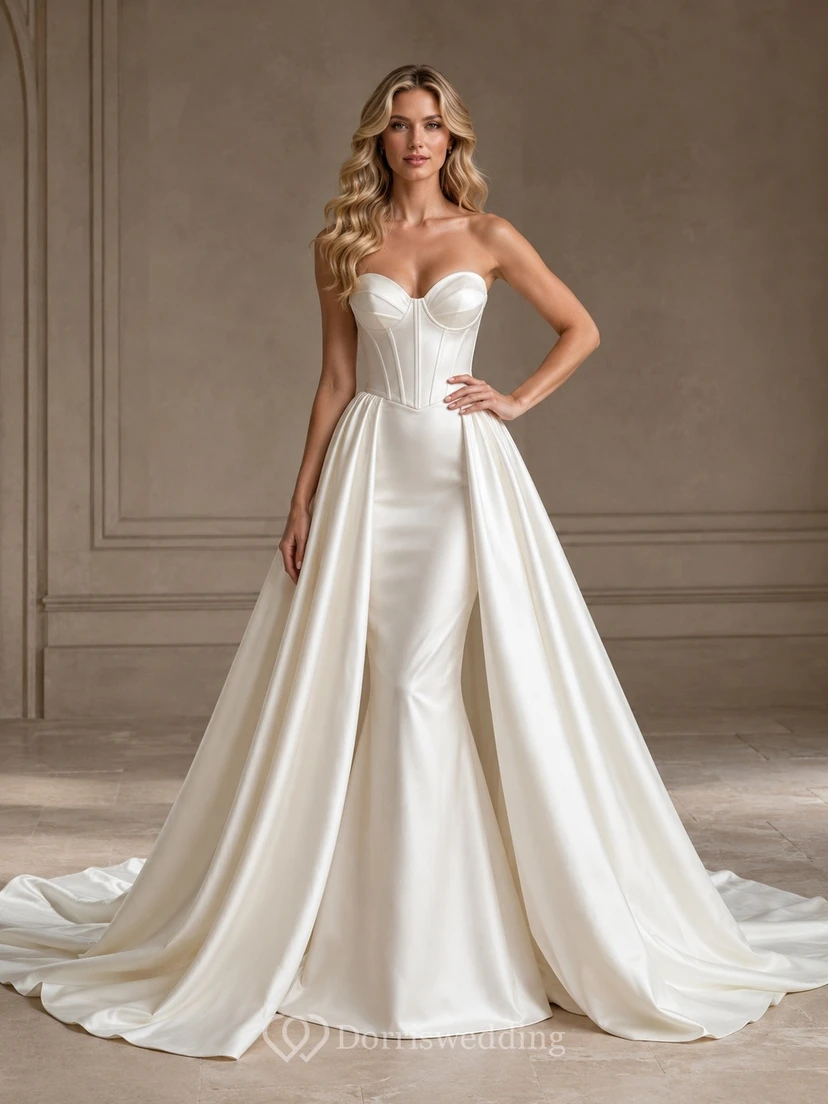Vestido de novia sencillo de satén con corsé sin tirantes y falda desmontable.