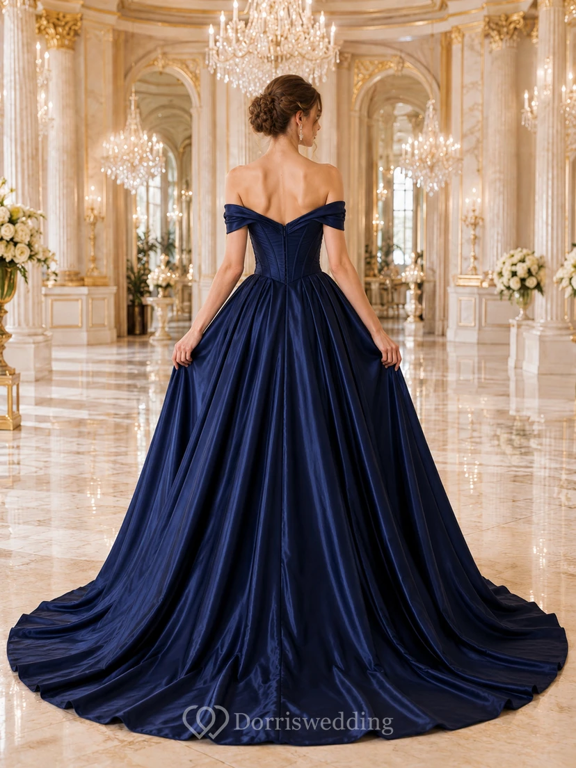 Navy Blue Off Shoulder Satin Ball Gown Chapel Train Wedding Dress view 2