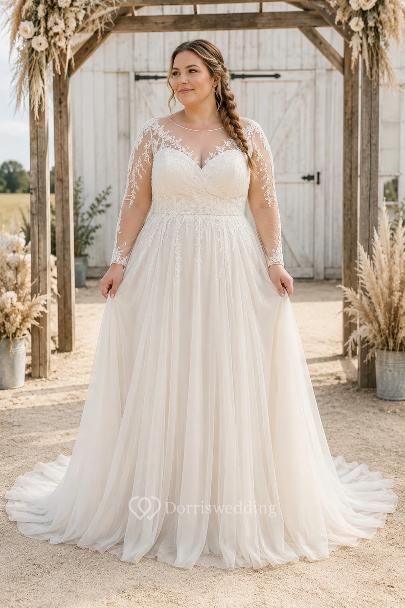 Plus Size Cap Sleeve Lace A-Line Wedding Dress with Long Tulle Train