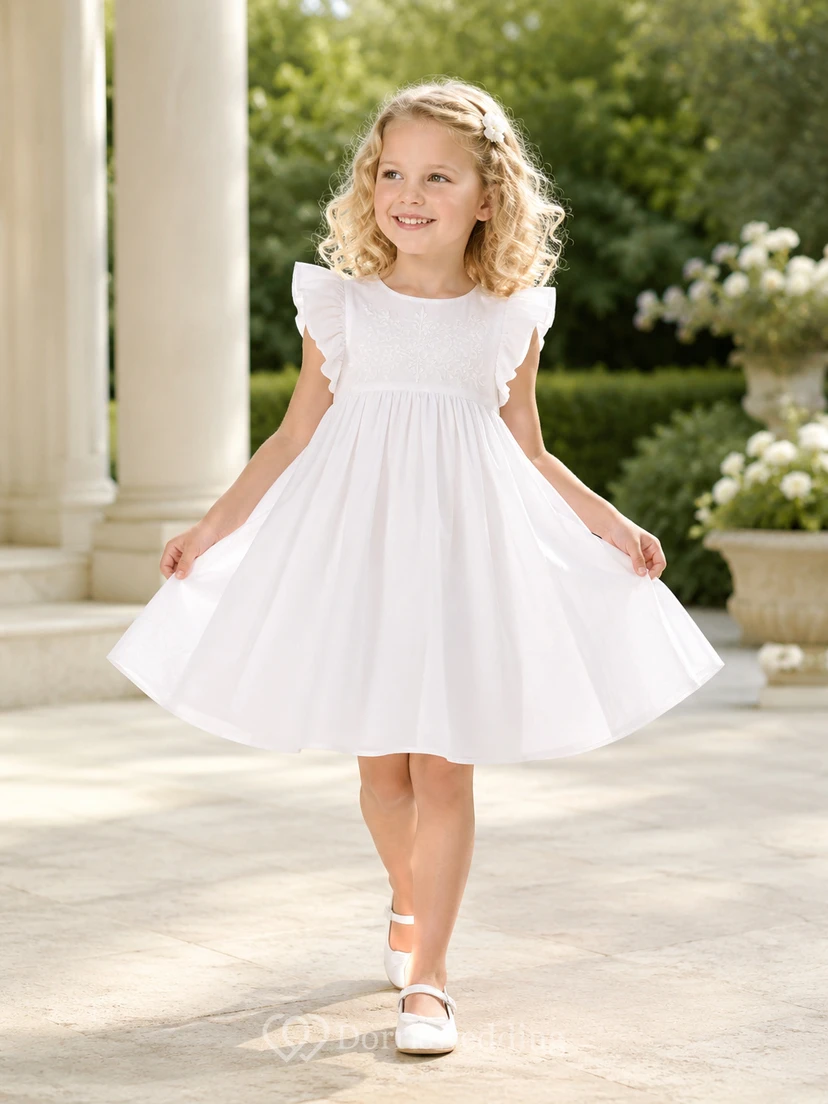 Weißes A-Linien-Kleid aus Satin für Blumenmädchen mit kurzen Ärmeln, Rundhalsausschnitt und knielangem Rock