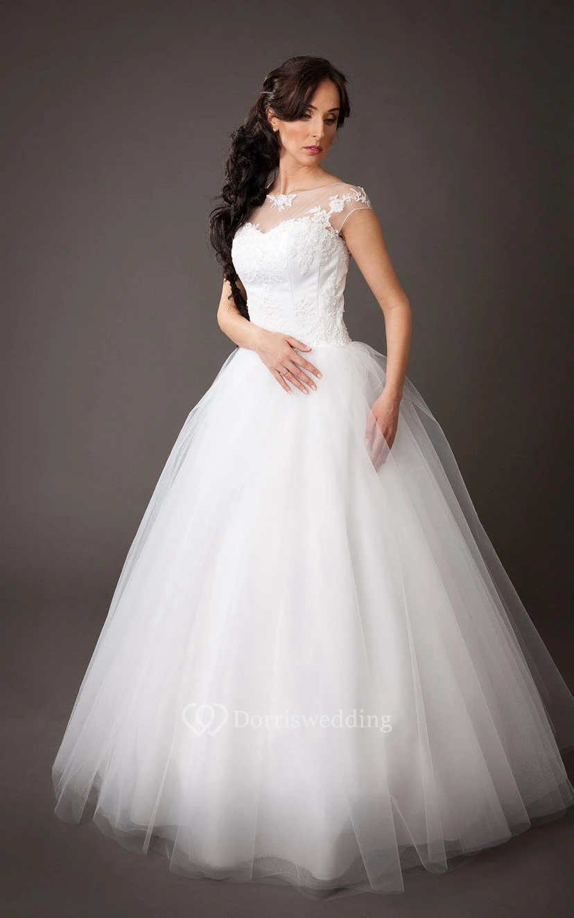 Cap Sleeve A-Line Tulle Ball Gown With Lace Bodice and Bateau Neck view 4