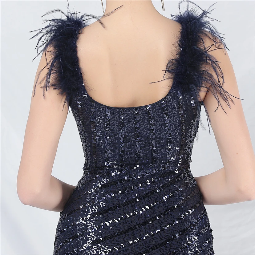 Evening Dress Craft Beaded Ostrich Feather Sequined Side Slit Evening Dress view 43