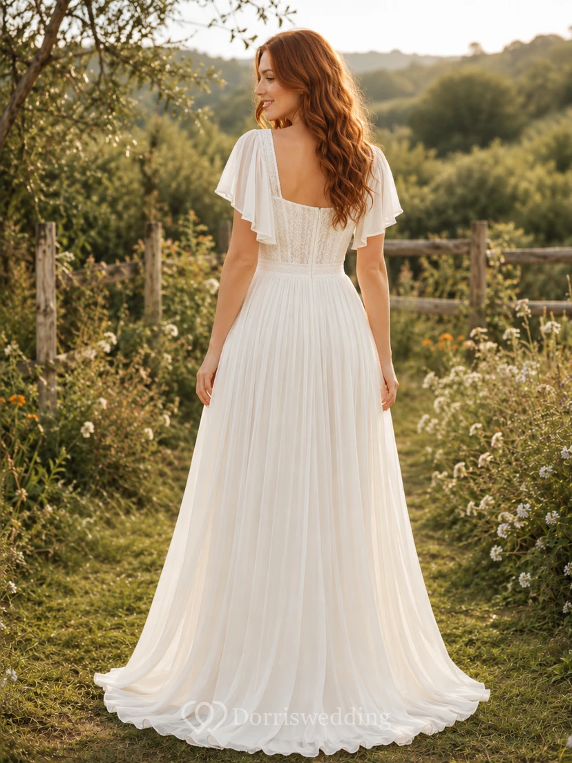 Square Neck Cap Sleeve Chiffon A-Line Country Wedding Dress view 2
