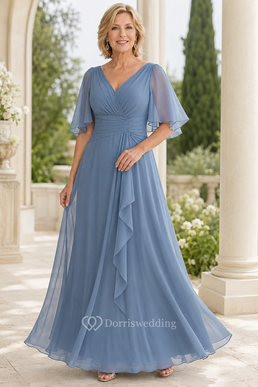 Schieferblaues Chiffon-Kleid in A-Linie mit V-Ausschnitt und Volantärmeln