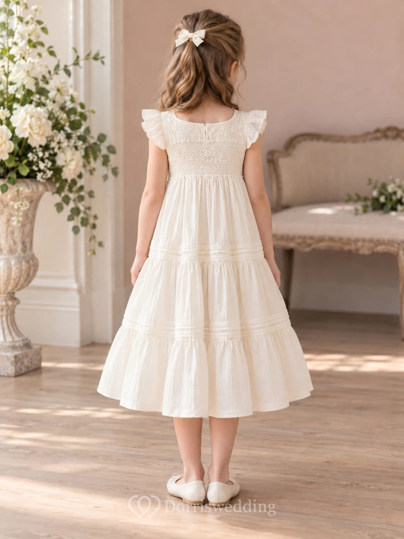 Tea-length Country Ivory A-line Smocked Ruffle-sleeve Tiered Gathered Flower Girl Dress view 2