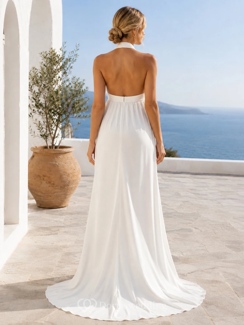 Vestido de novia sencillo de gasa con escote halter y corte en A para embarazadas view 2