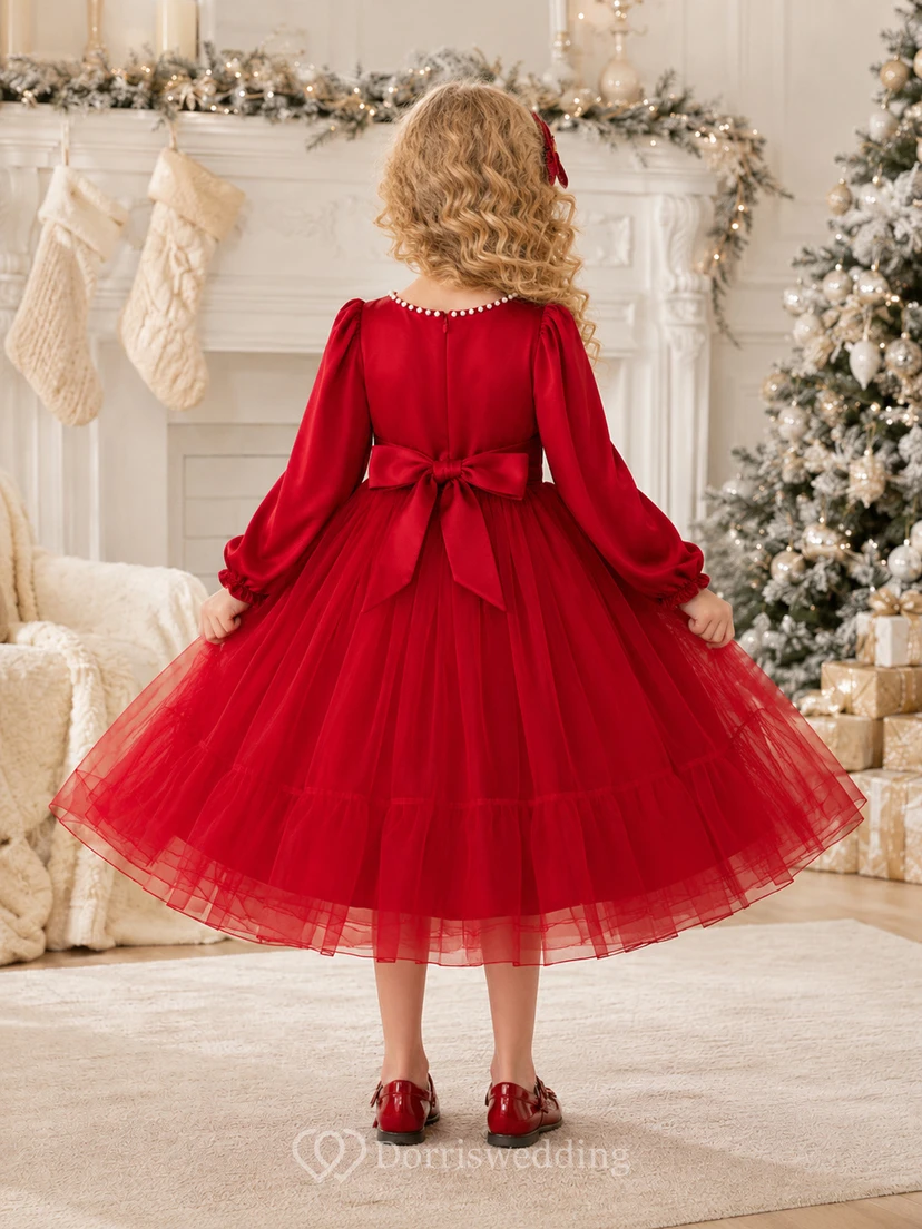 Robe de demoiselle d'honneur d'hiver rouge à manches longues, volants en tulle, coupe trapèze, longueur thé, nœud view 2
