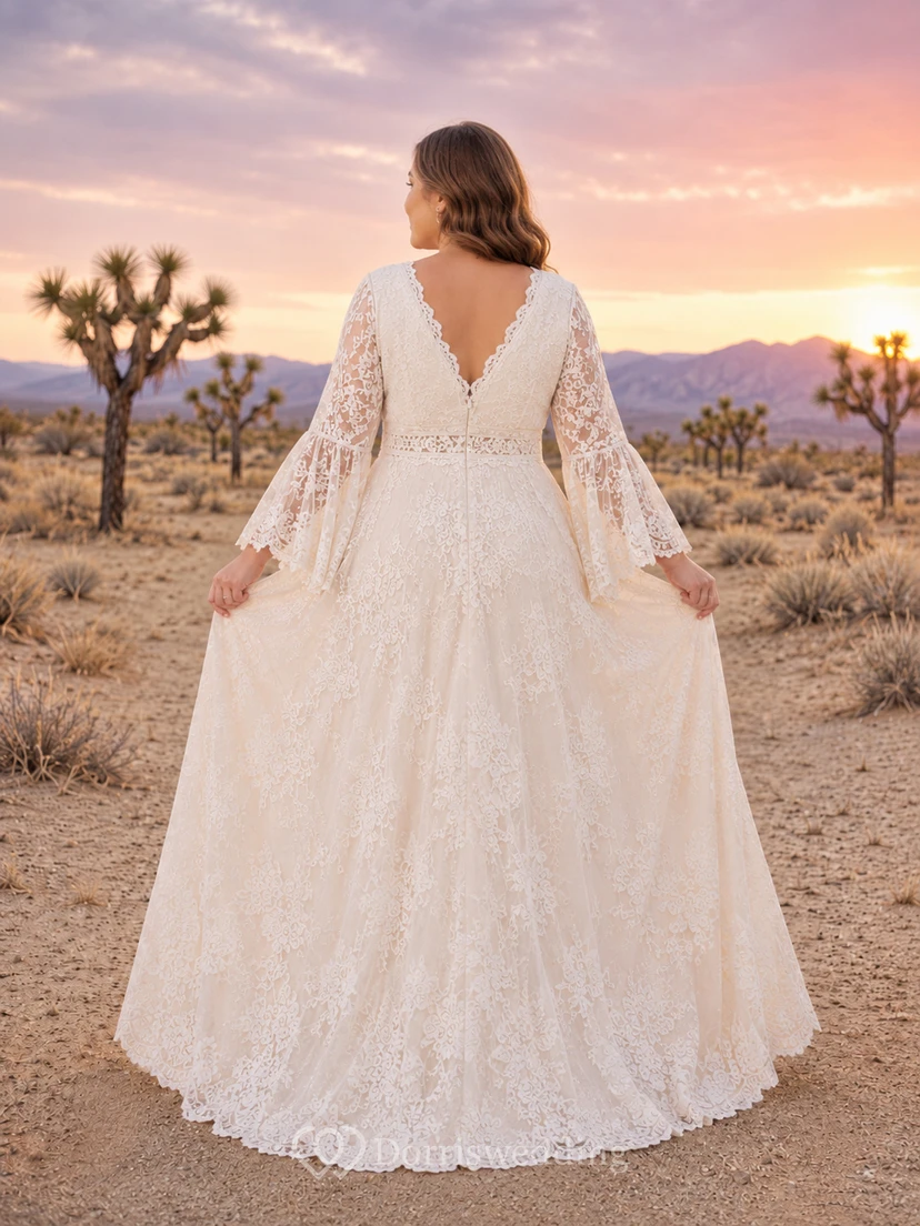 Plus Size Bell Sleeve Lace Desert Wedding Dress view 2
