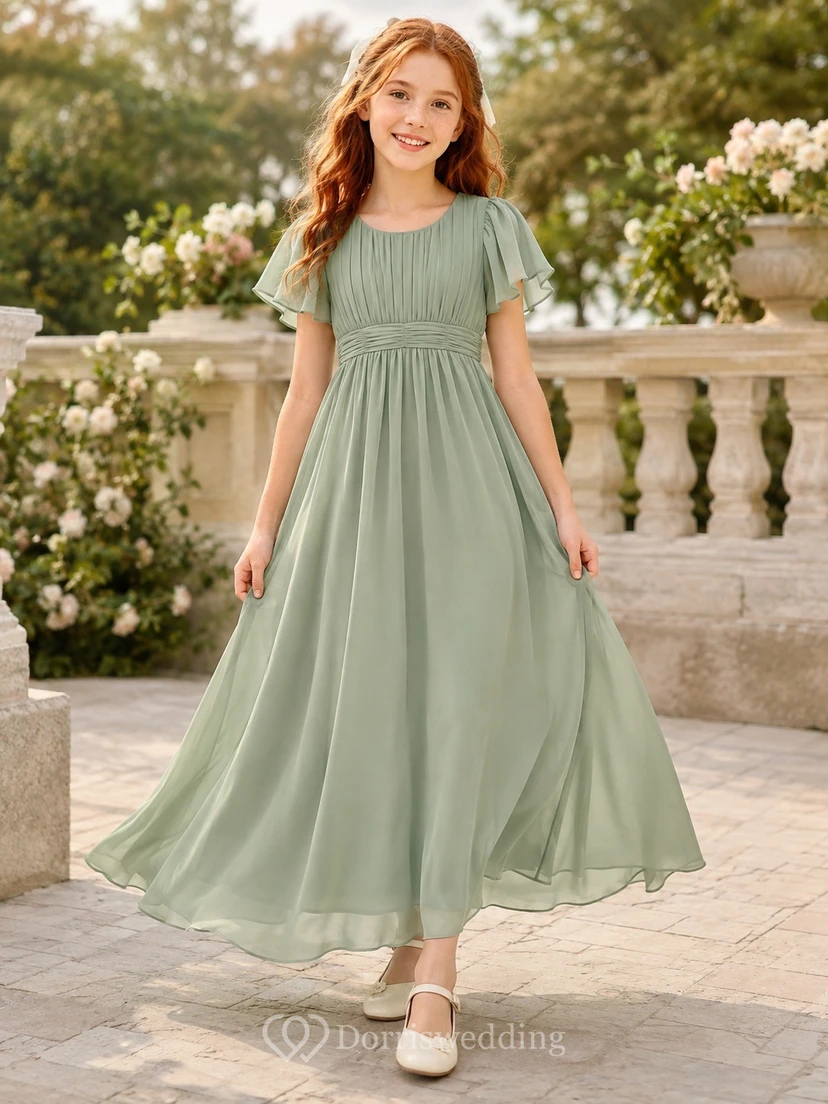 Sage Flutter Sleeve Ruched Chiffon Ankle-Length Empire Elegant Modest Flowergirl Dress