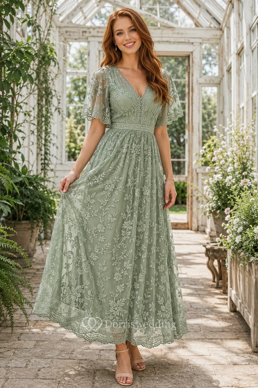Robe cocktail en dentelle sauge, coupe trapèze, col V, manches courtes, longueur thé