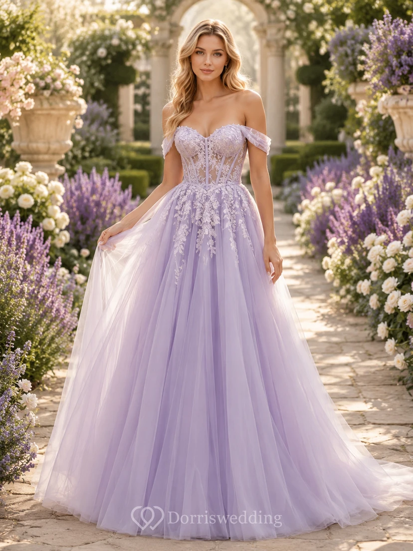 Lavendelfarbenes schulterfreies Ballkleid aus floralem Tüll für Hochzeiten