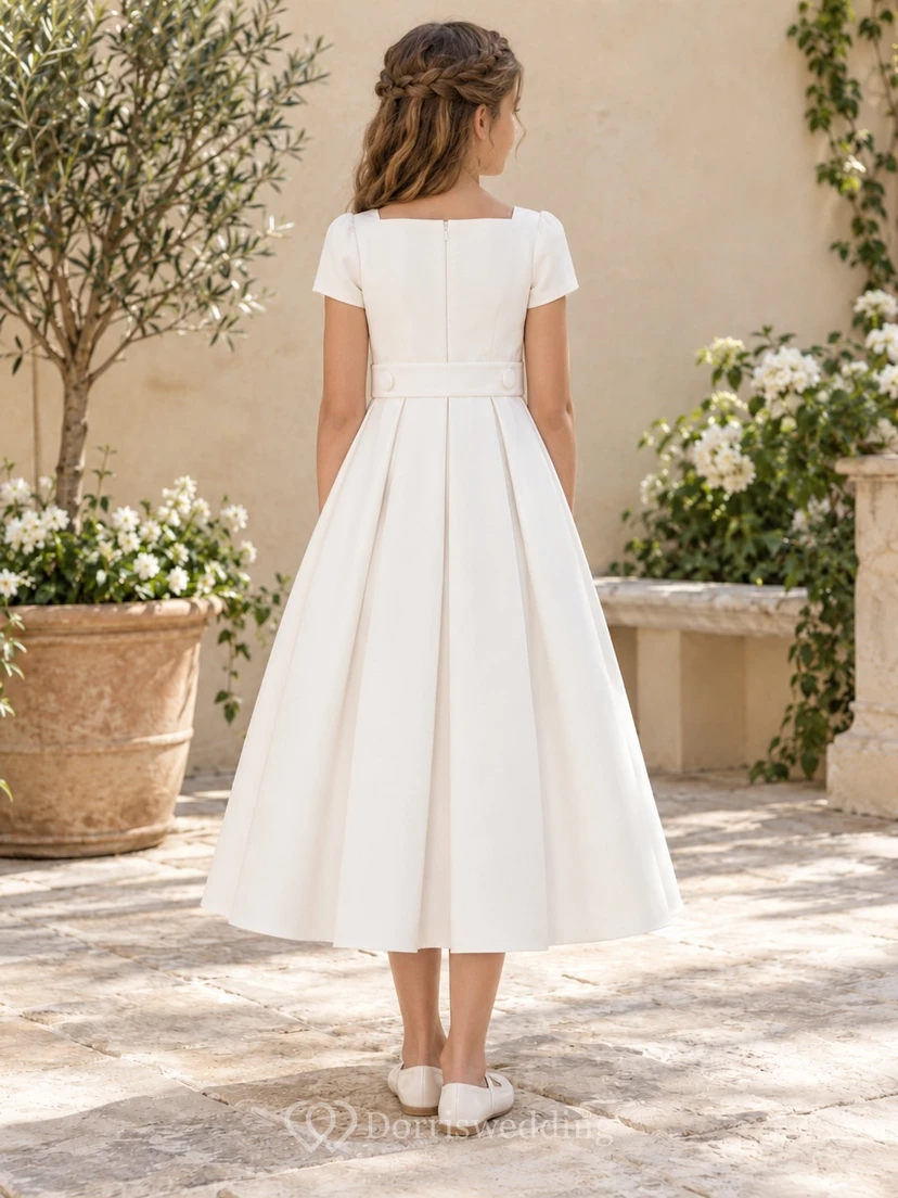 Square Neck Simple Modest Tea-length Ivory Short Sleeve Deep Pleated Buttoned A-Line Flowergirl Dress view 2