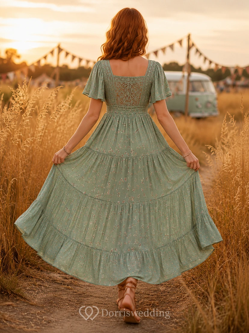 Sage square neck puff sleeve tiered boho festival maxi dress view 2