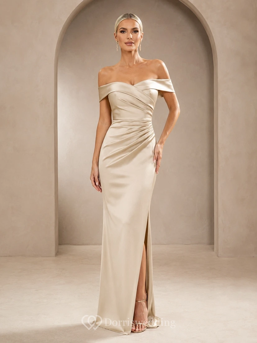 Champagne Off Shoulder Short Sleeve Ruched Satin Split Front Sheath Dress