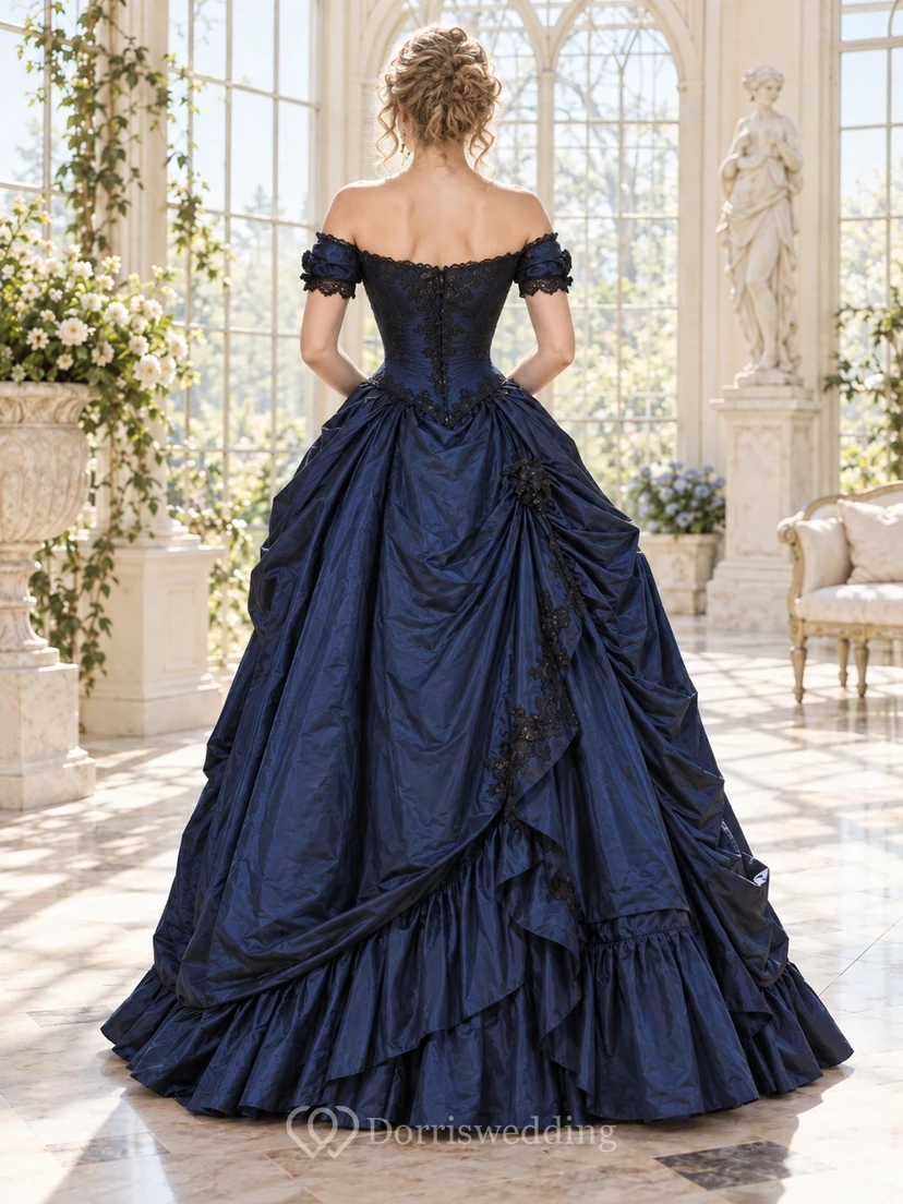 Victorian Dark Navy Off Shoulder Lace Corset Ruffled Ball Gown view 2