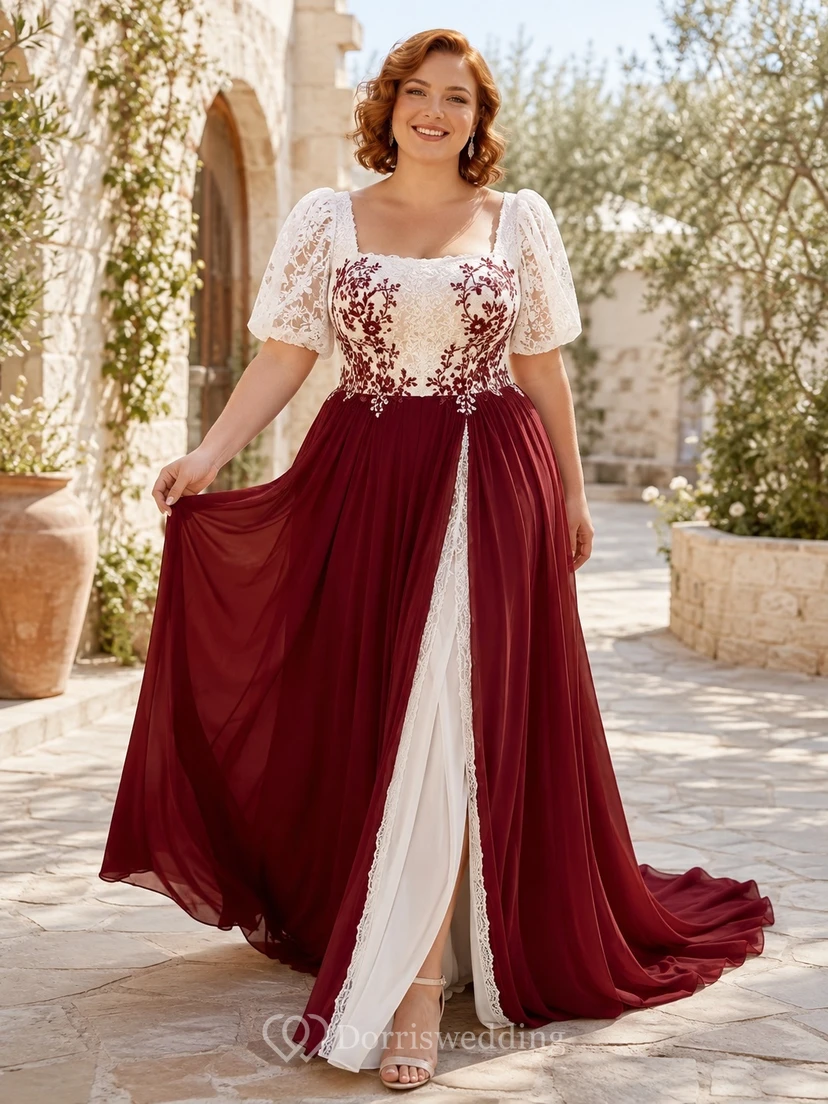 Burgunderfarbenes, florales Brautkleid in Übergröße, A-Linie, eckiger Ausschnitt, kurze Ärmel, Schleppe/Bürstenschleppe, romantisch-elegant
