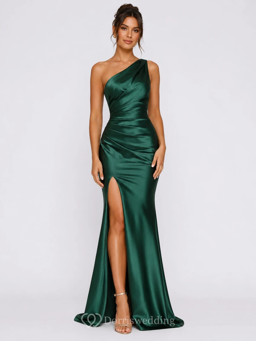 Mermaid Satin Evening Dress with One-Shoulder, Sleeveless and Ruching Split Front, Floor Length
