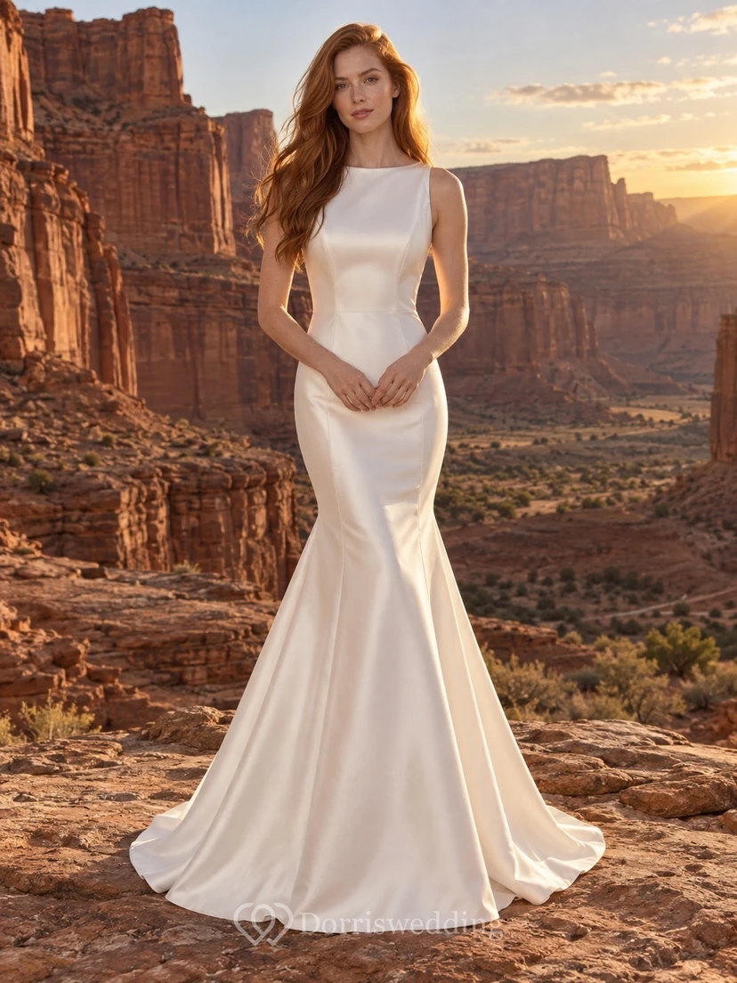 Vestido de novia sencillo de satén elástico sin mangas con escote barco y corte sirena.