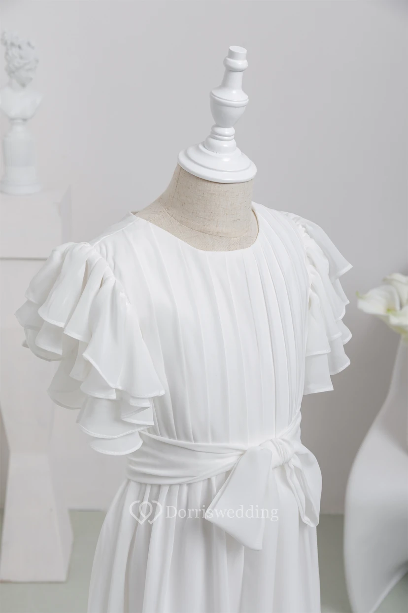 White First Communion Bowed Chiffon Flowergirl Dress with Ruffled Sleeve view 6