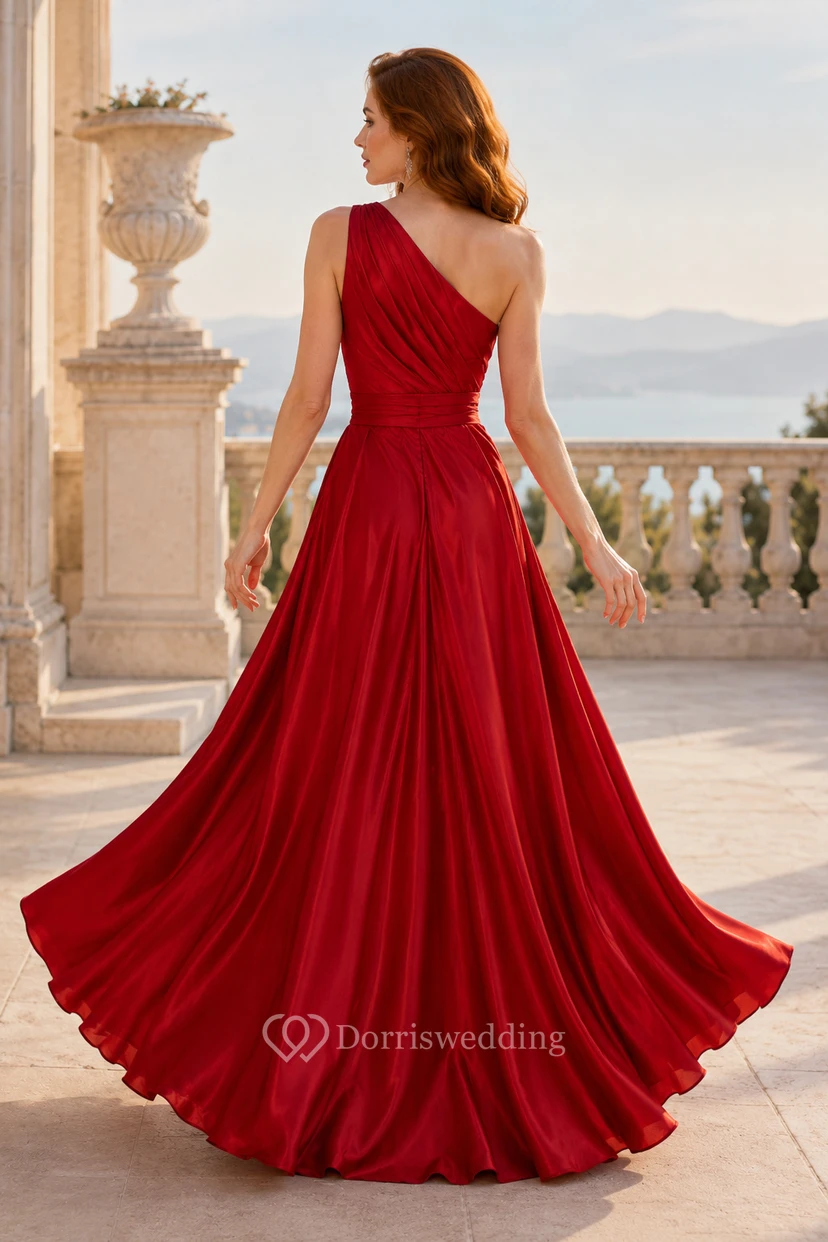 Vestido formal rojo de un solo hombro, corte en A con abertura view 2