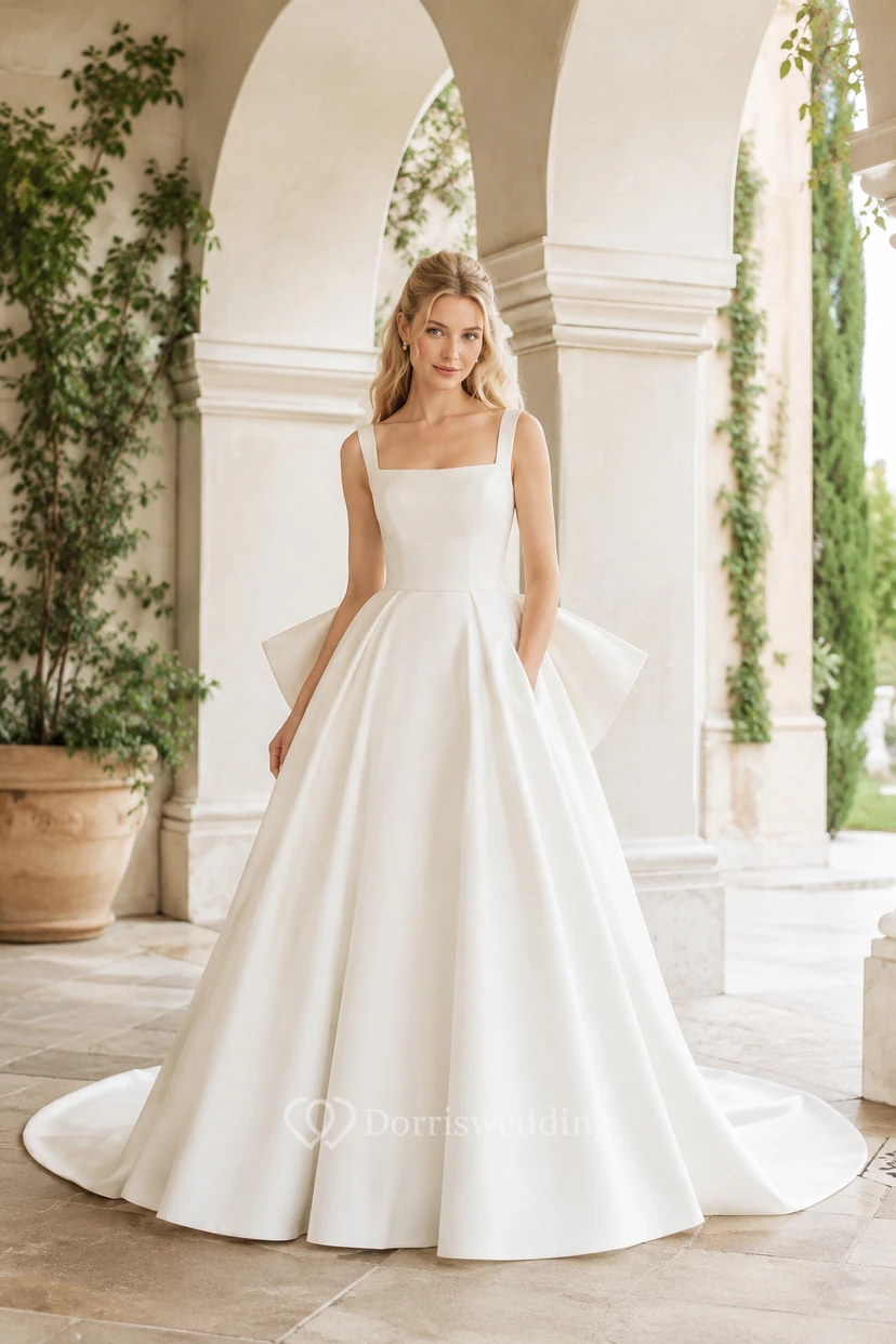 Robe de mariée de bal en satin à col carré et nœud dans le dos
