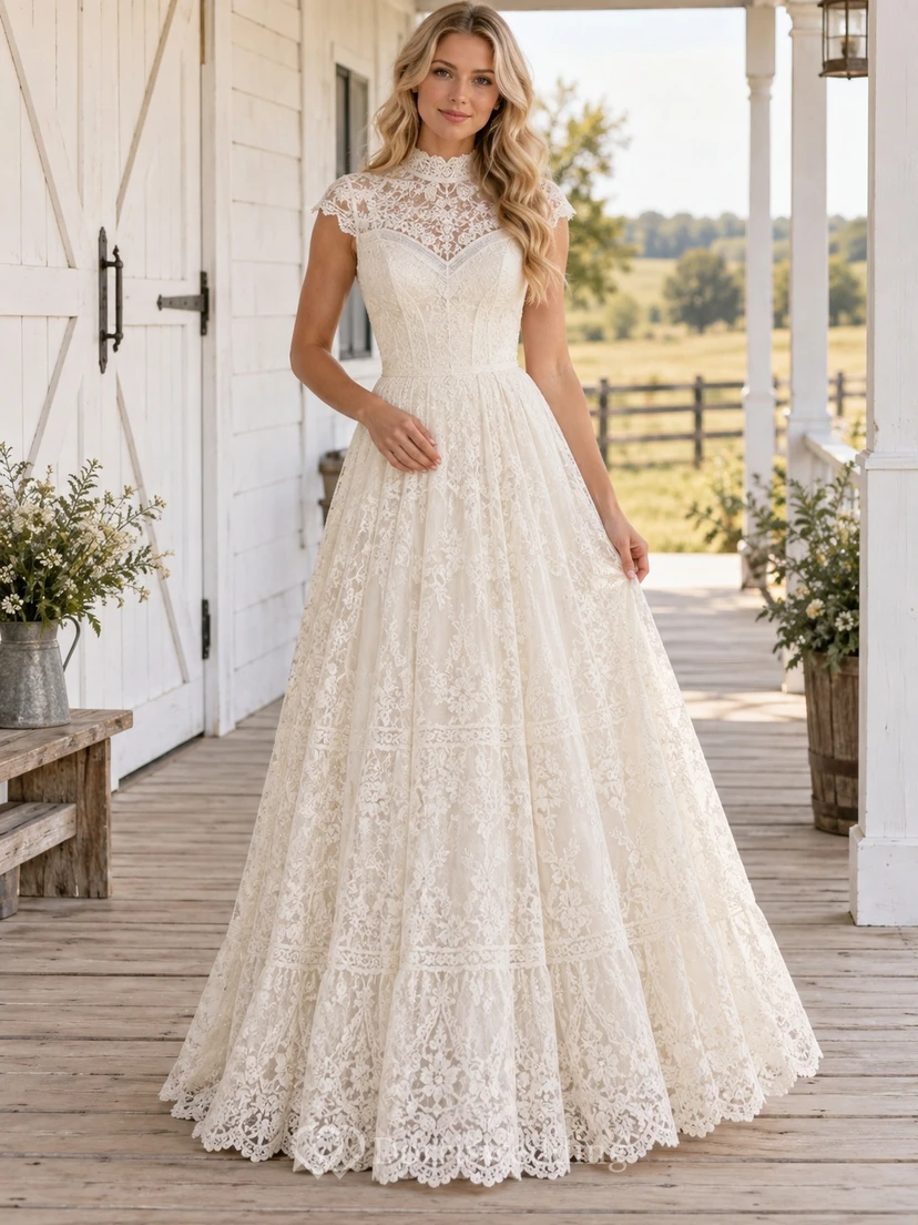 Country Boho High Neck A-Line Lace Wedding Dress with Cap Sleeves and Banded Skirt