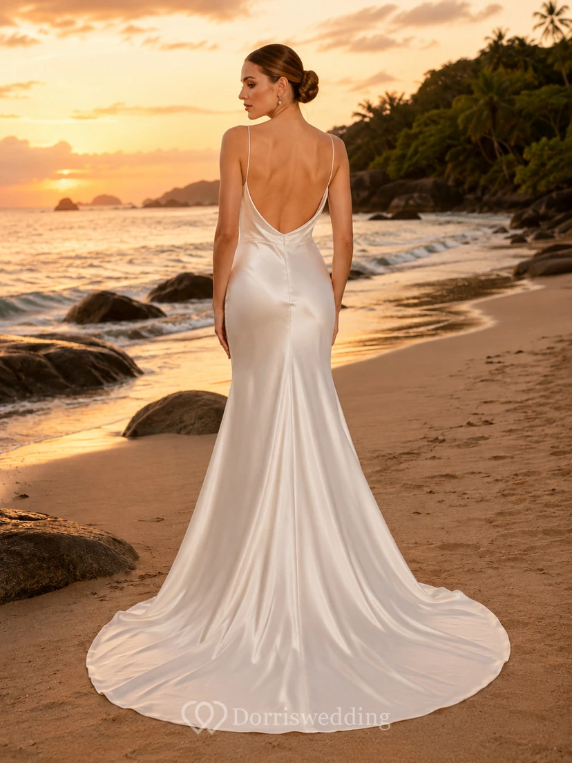 Robe de mariée sirène élégante en satin à bretelles spaghetti et col bénitier pour une destination tropicale view 2