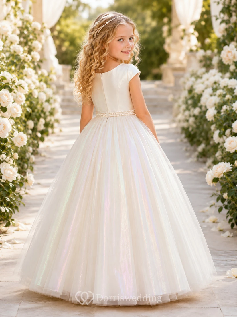 Flower Girl Dress A-Line Cream Iridescent Tulle Cap Sleeve Garden Formal view 2