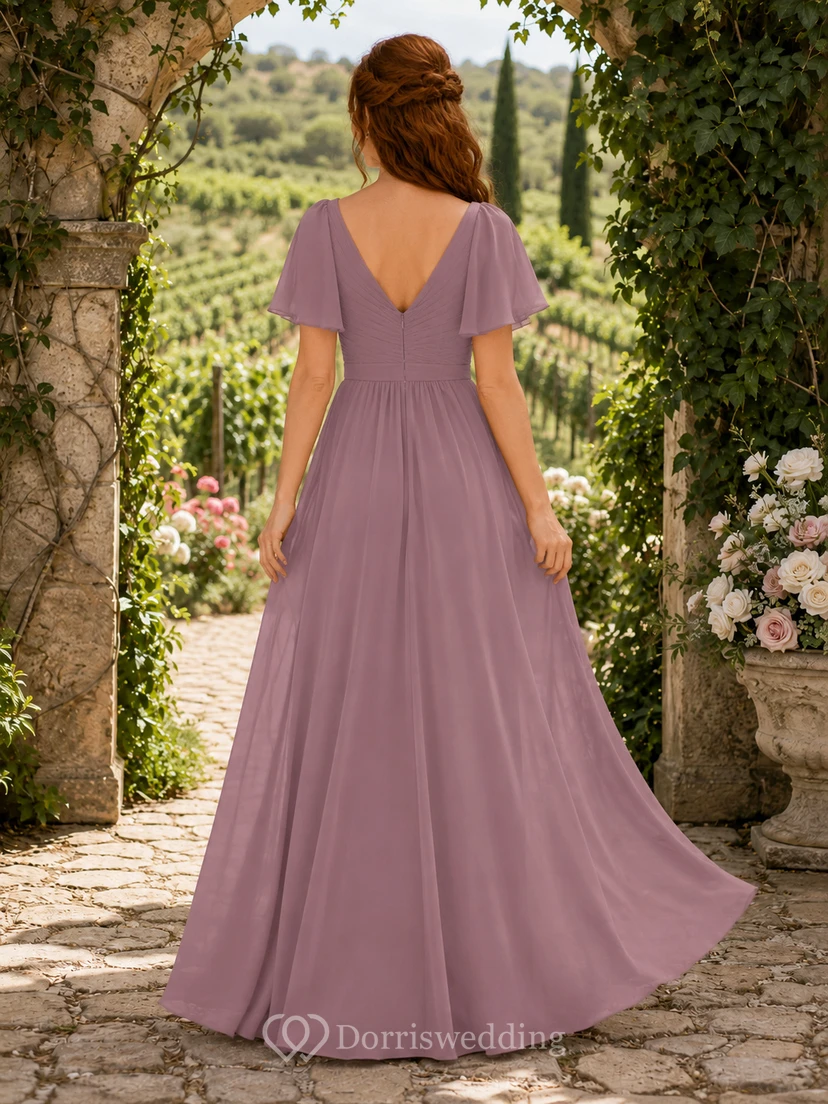 Mauve Chiffon A-Line V-Neck Flutter Sleeve Pleated Low Back Floor-Length Bridesmaid Dress view 2