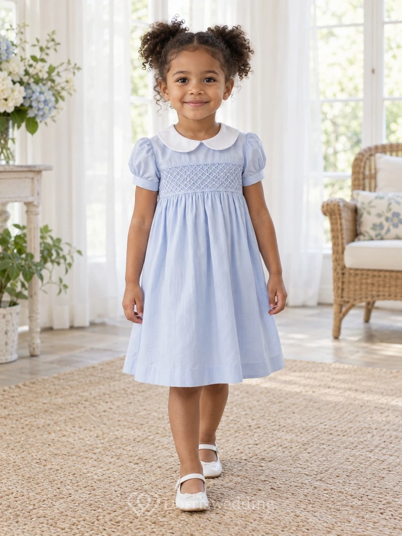 Modest Sky Blue Knee Length Wide Diamond Smocked Rounded Collar Puff Flower Girl Dress view 2