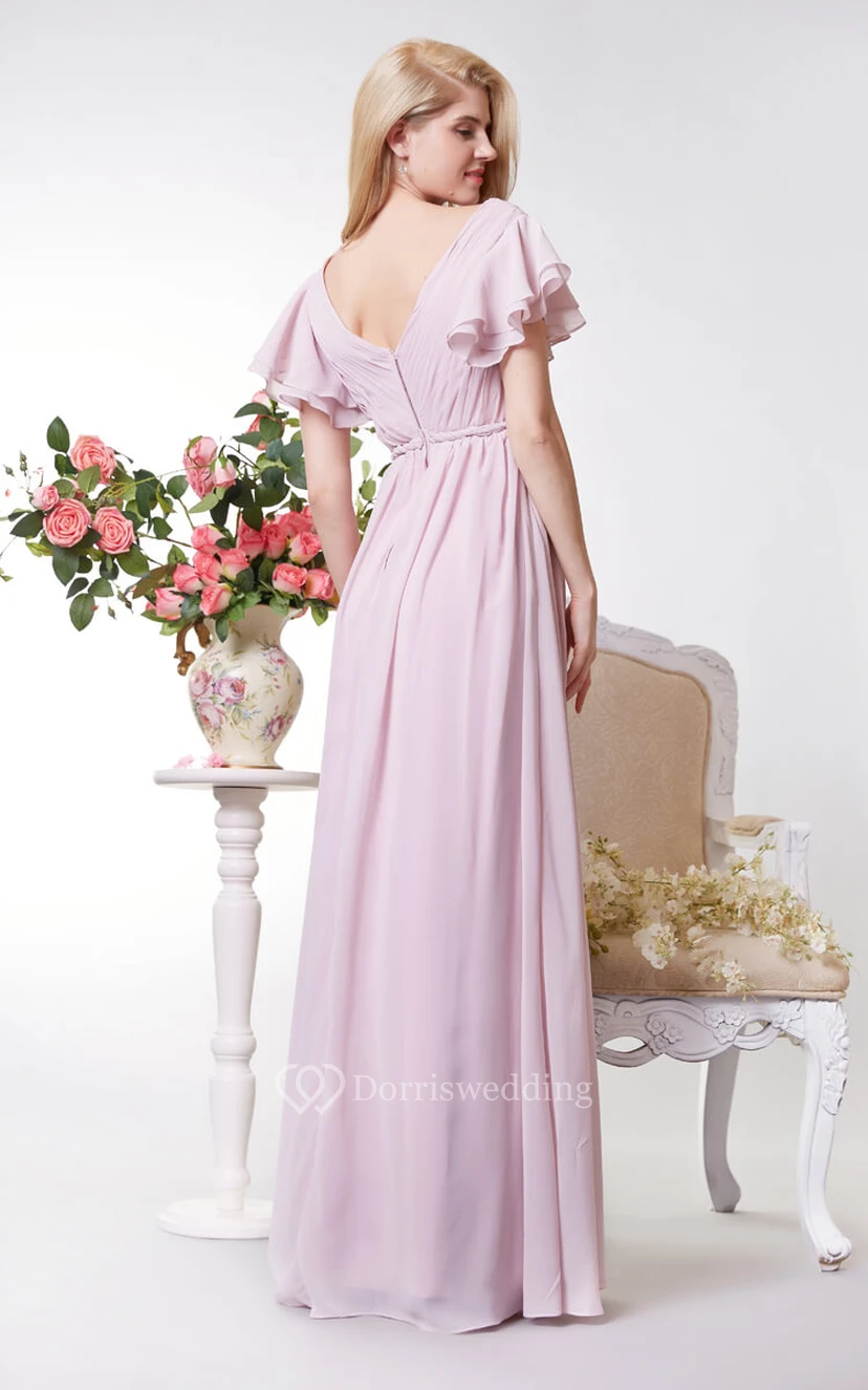 Graceful V-neck Empire Chiffon A-line Gown With Ruffled Sleeves view 3