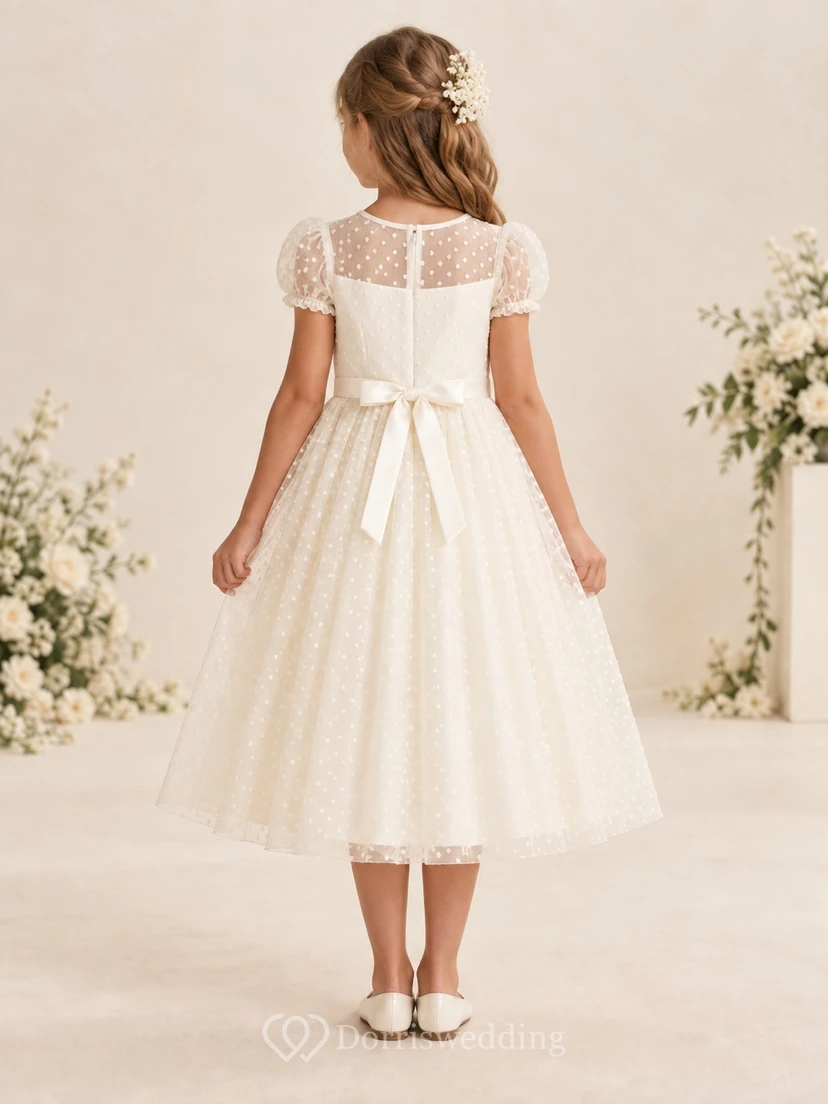 Teelanges elfenbeinfarbenes A-Linien-Kleid aus Tüll mit Pünktchenmuster, Illusionseffekt, Puffärmeln und Schleife am Rücken für Blumenmädchen view 2