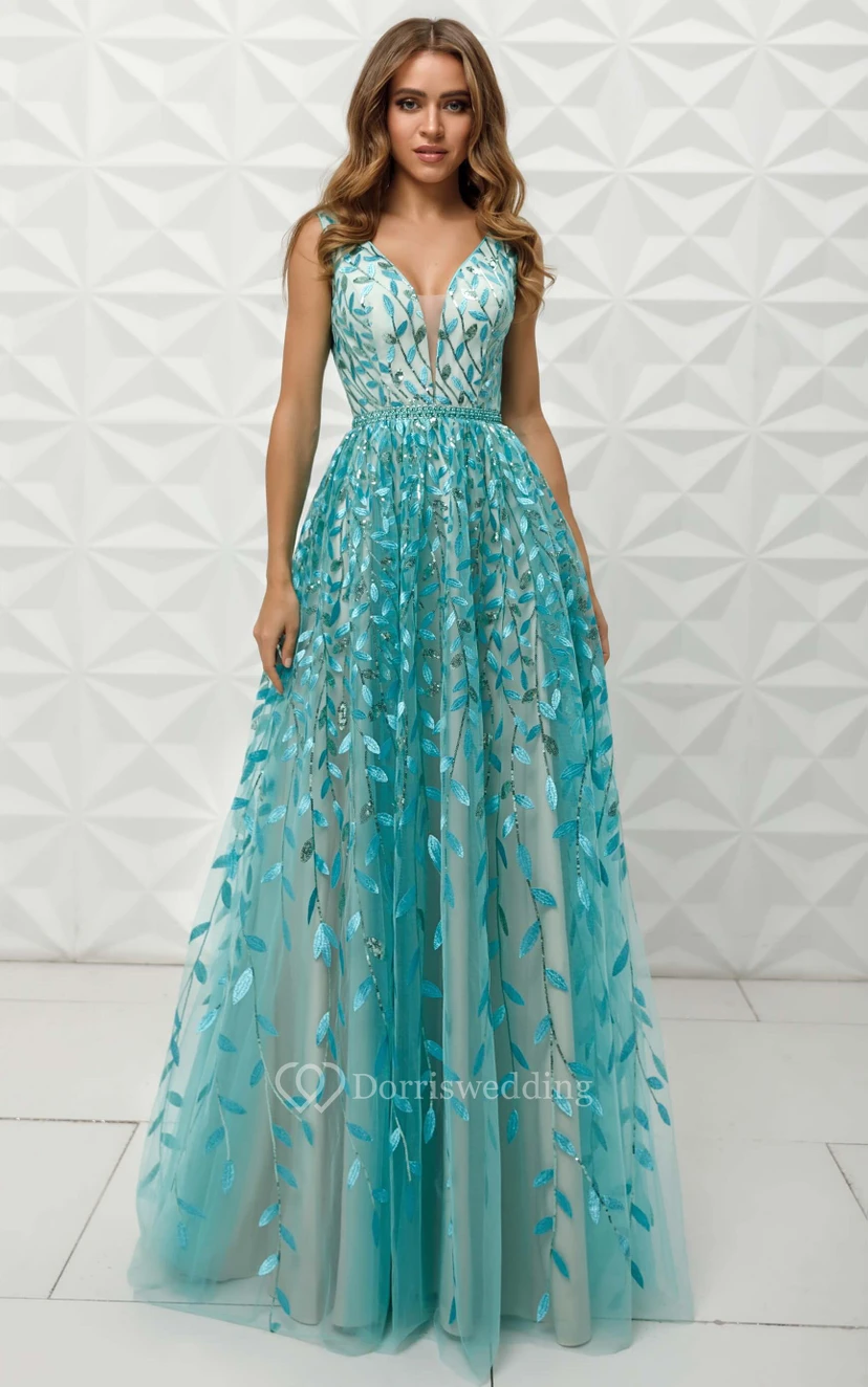 Ärmelloses, bodenlanges Ballkleid mit V-Ausschnitt, A-Linie, Empire-Schnitt und Stickerei view 8