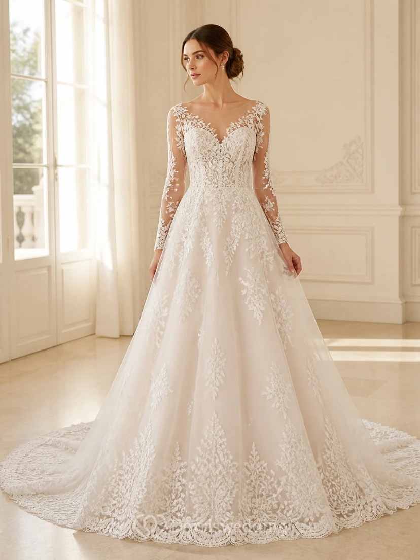 Elegante vestido de novia de corte A con escote en V y encaje floral, de manga larga, ideal para bodas en capilla.