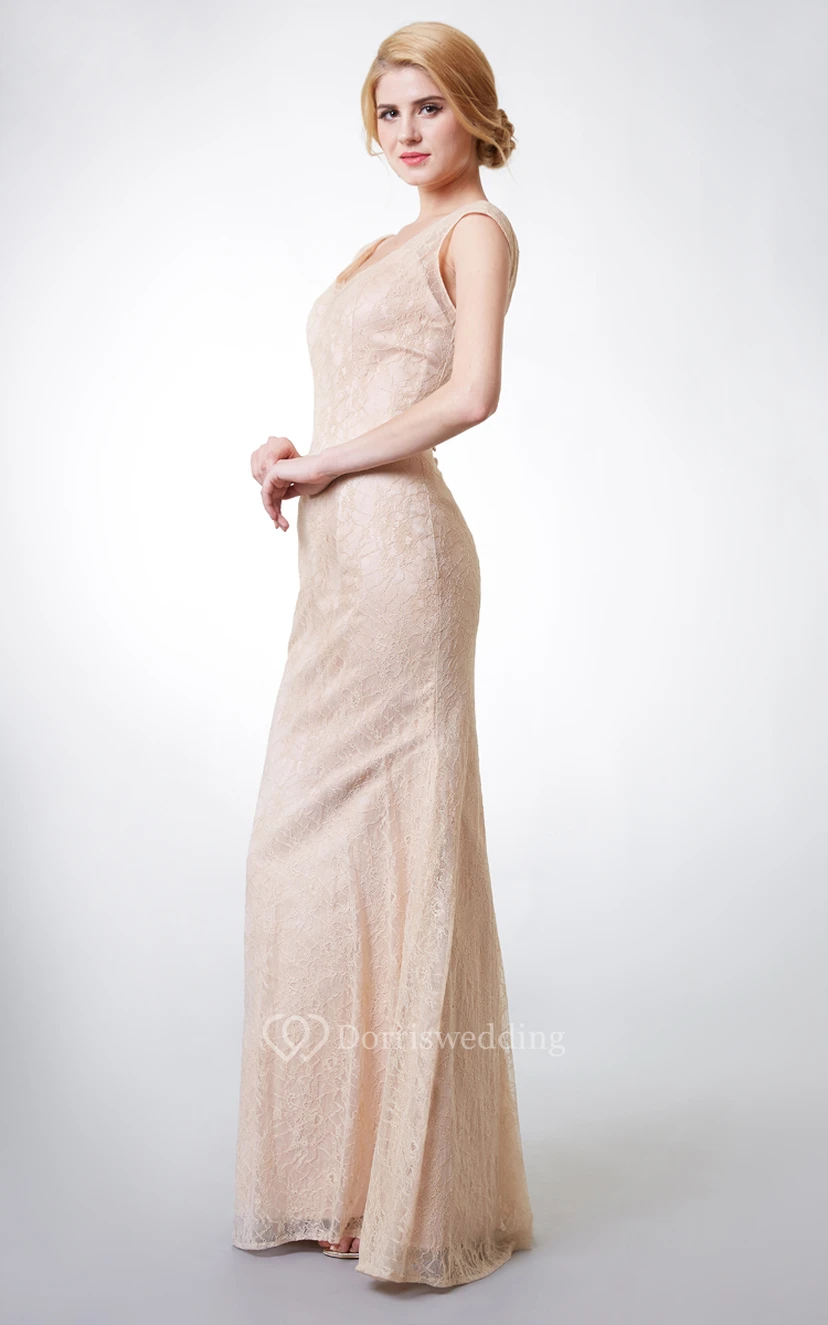 Cap-sleeved V Neck Long Lace Dress With Deep V Back view 2