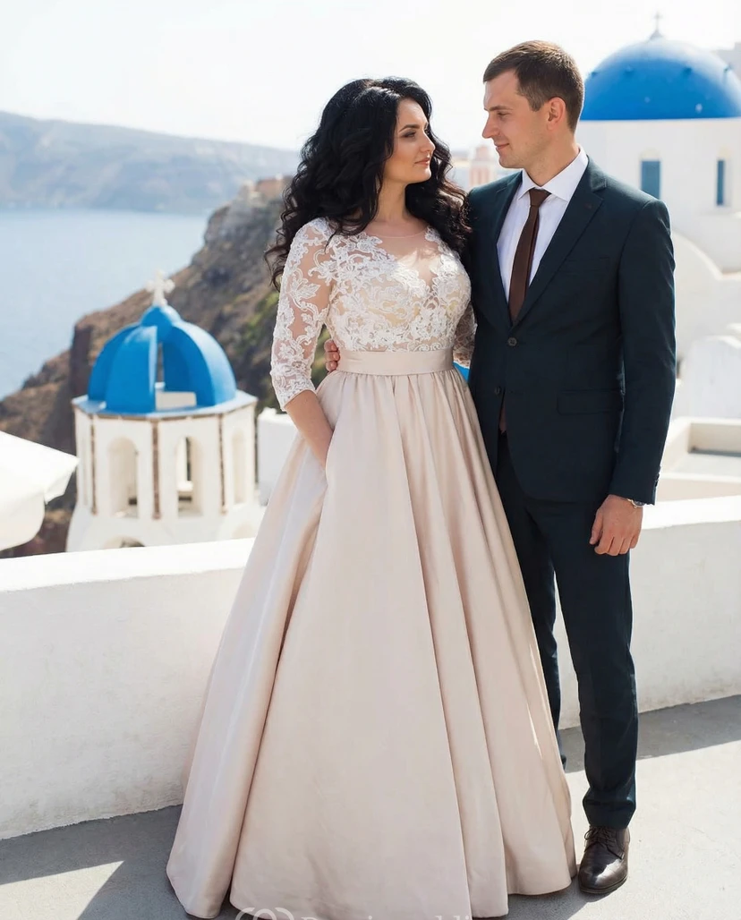 Plus Size Satin A-Line Gown with Illusion Sleeves