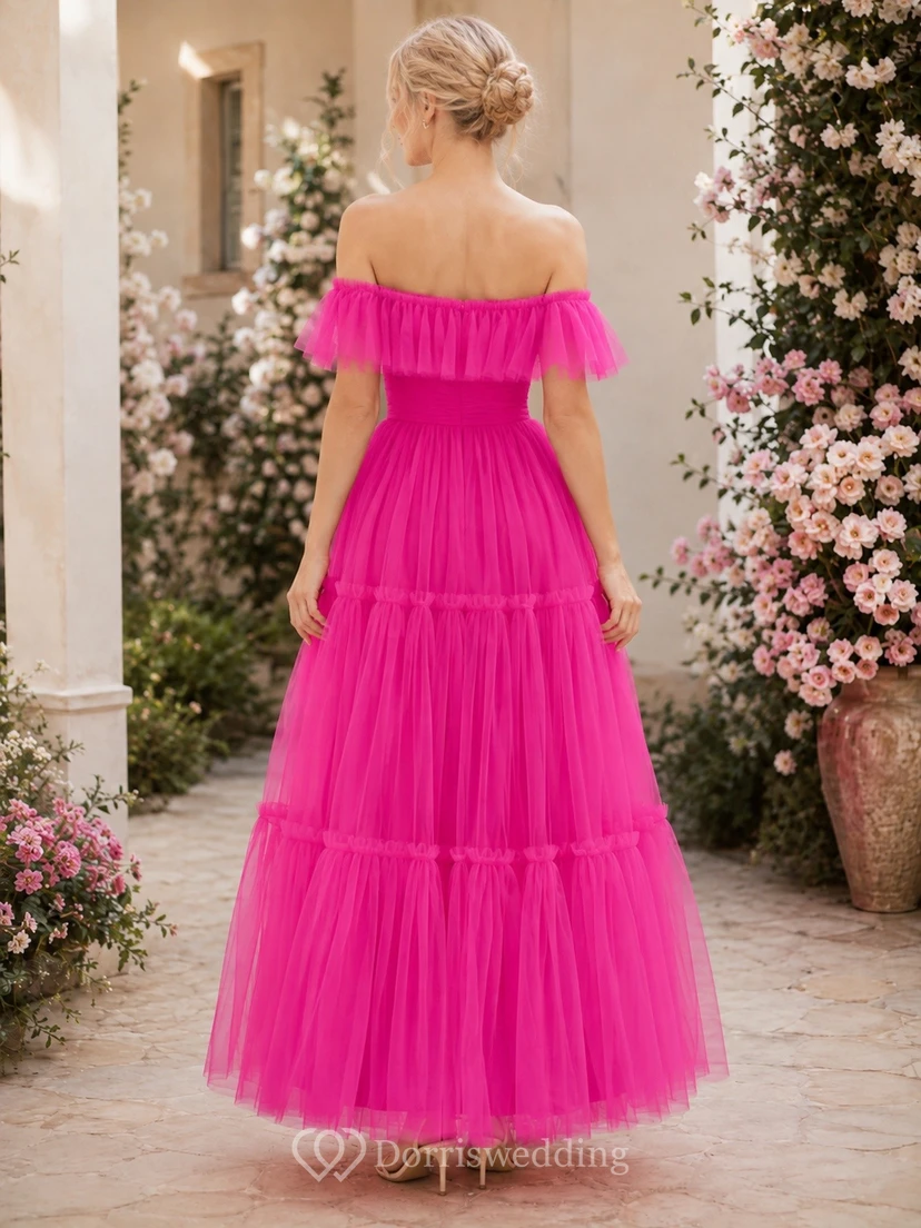 Fuchsia Off-the-Shoulder Ruffled Tiered Tulle Floor-Length Dress view 2
