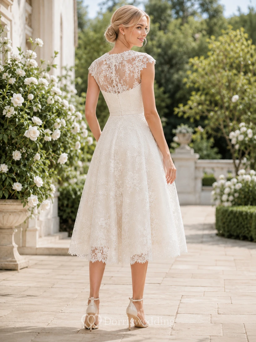 Ivory Bateau Sweetheart Cap Sleeve Lace A-Line Tea Dress Garden view 2