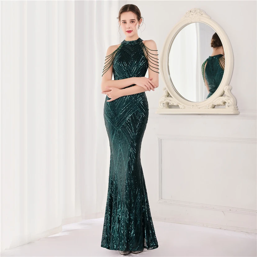 Robe de soirée élégante à col halter et sequins, allure de reine, style banquet, longue robe de soirée sirène à sequins, style star, glamour et décontracté. view 45