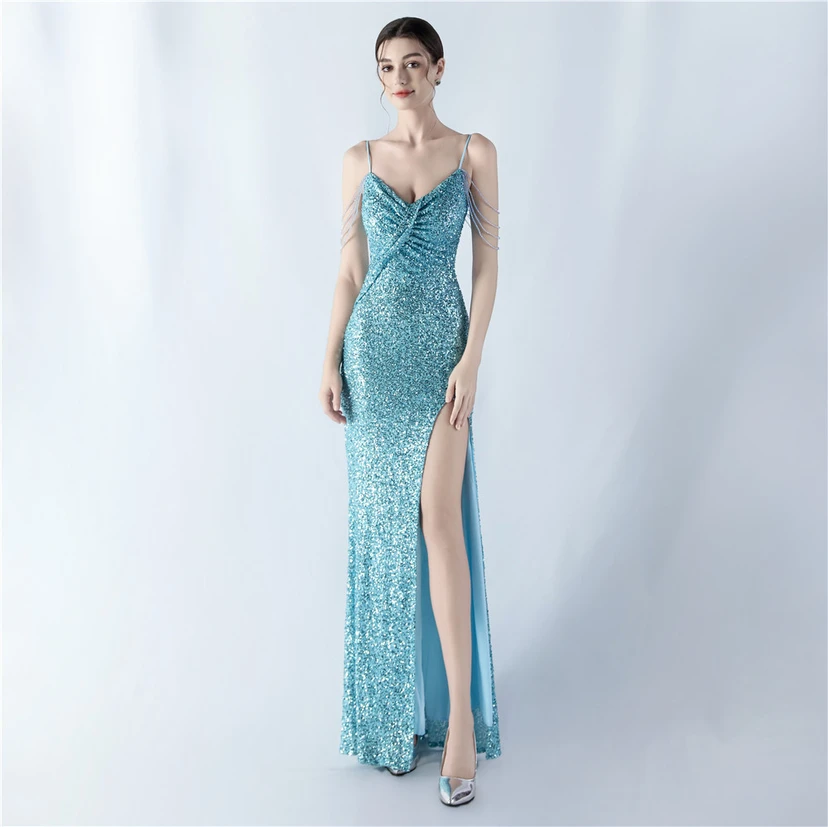 Robe de soirée sexy à bretelles et fente haute, ornée de perles et de perles artisanales. view 64