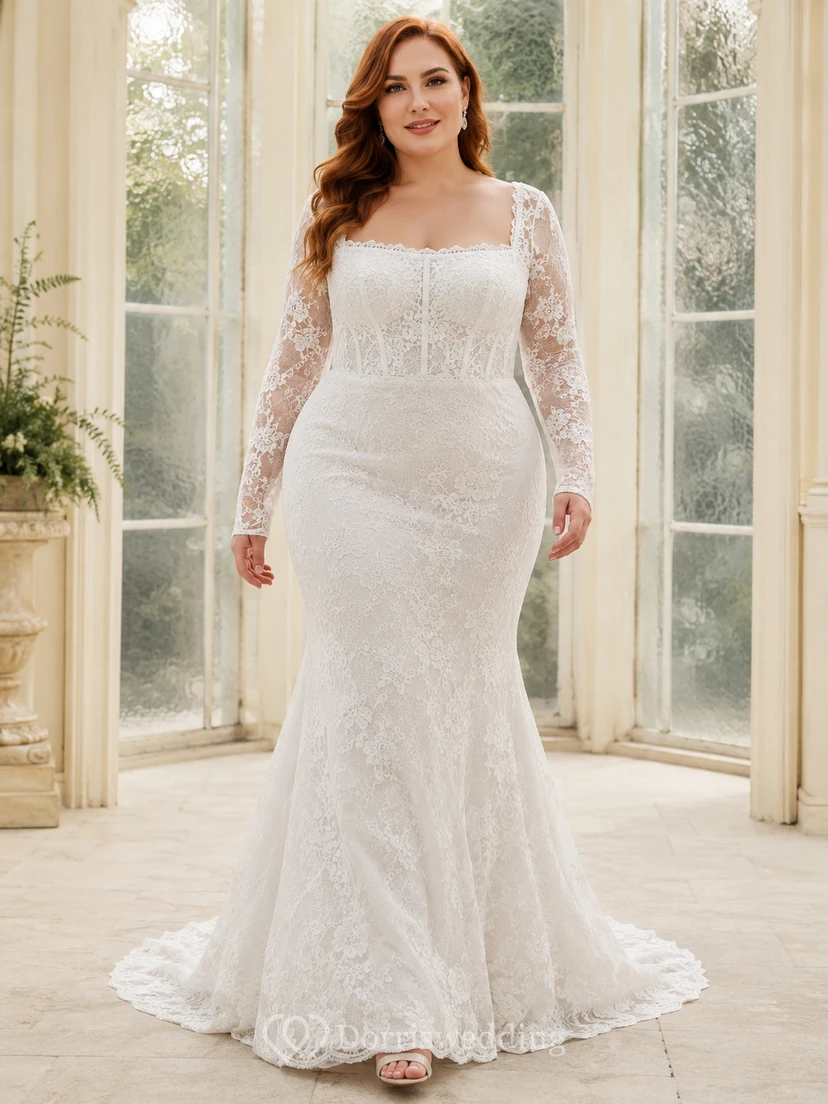 Robe de mariée sirène grande taille, coupe sirène, col carré structuré, manches longues en dentelle illusion et traîne chapelle