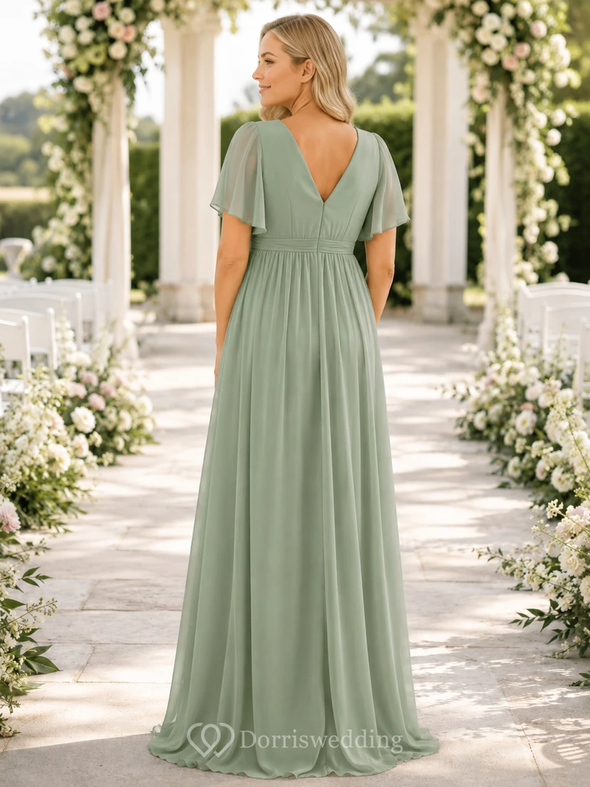 Salbeigrünes Chiffon-Umstandskleid mit V-Ausschnitt, flatternden Ärmeln view 2