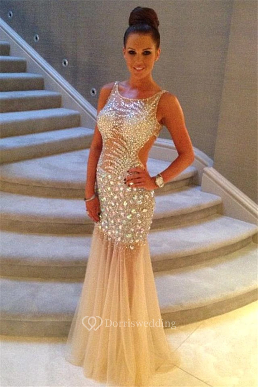 Luxurious Sleeveless Mermaid Prom Dresses Crystals Tulle Floor Length