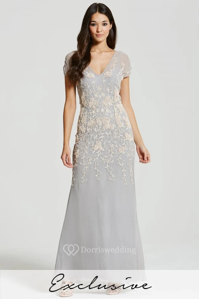 Sheath Beaded Cap Sleeve V-Neck Chiffon Bridesmaid Dress view 4