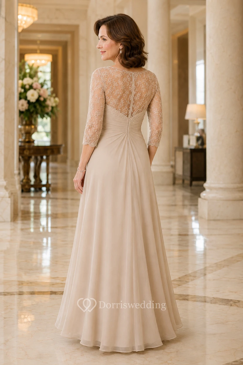 MOB Dress Champagne Chiffon Lace A-Line 3/4 Sleeve Bateau Neck Floor Length Draped view 2